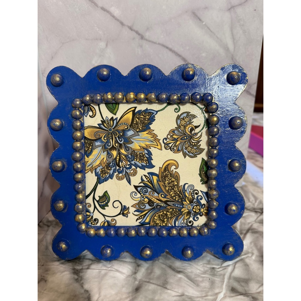 Blue Gold Scalloped Wood Picture Frame Paisley Floral Beaded Trim 7x7 Square